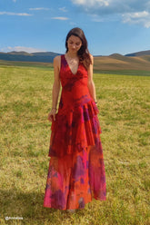 Floral Print Tie-up Back Chiffon Tiered Dress