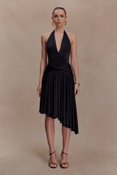 Zelda Asymmetric Slinky Midi Dress - Black