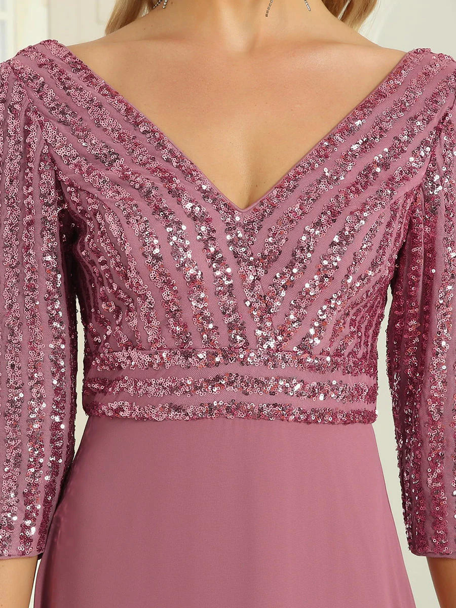 Sexy V Neck A-Line Sequin Wholesale Evening Dresses With 3/4 Sleeve