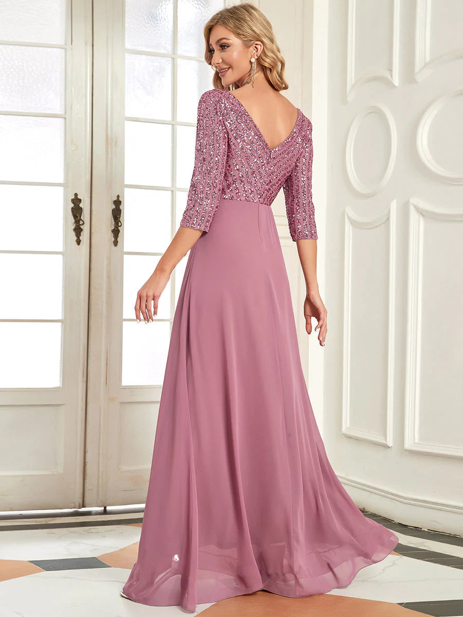 Sexy V Neck A-Line Sequin Wholesale Evening Dresses With 3/4 Sleeve