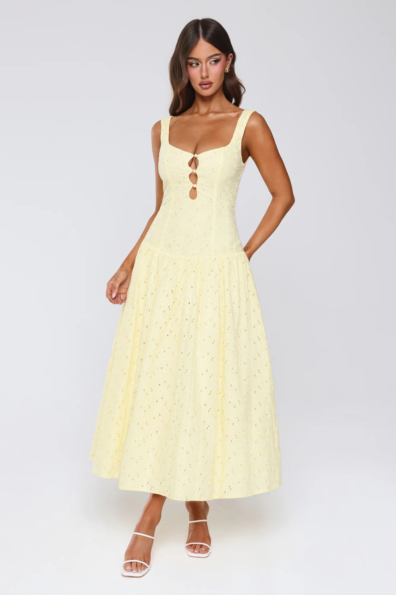 Romance Stitched Embroidered Maxi Dress Lemon